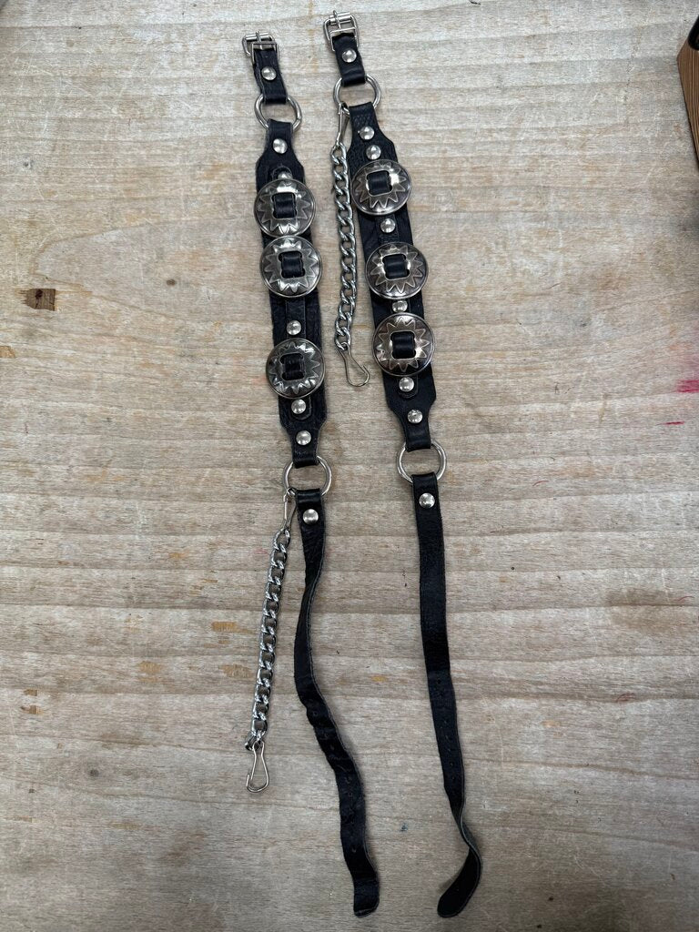 BLACK LEATHER PEWTER CONCHOS BOOT STRAPS SET OF 2