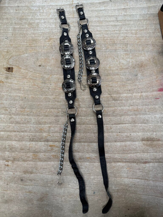 BLACK LEATHER PEWTER CONCHOS BOOT STRAPS SET OF 2