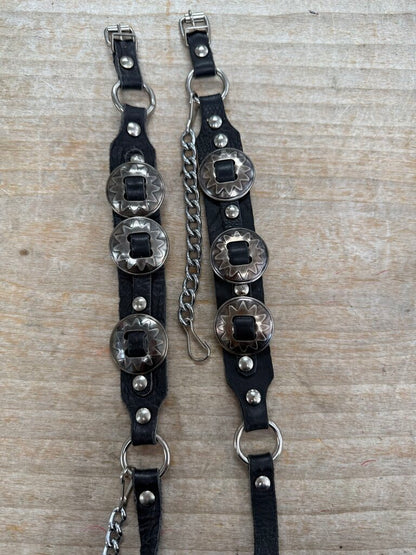 BLACK LEATHER PEWTER CONCHOS BOOT STRAPS SET OF 2