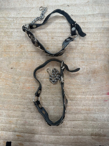 BLACK LEATHER PEWTER CONCHOS BOOT STRAPS SET OF 2