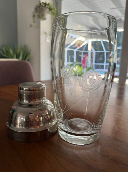 VINTAGE GLASS ETCHED COCKTAIL SHAKER