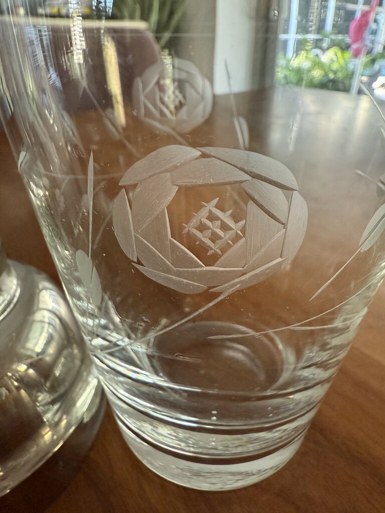 VINTAGE GLASS ETCHED COCKTAIL SHAKER