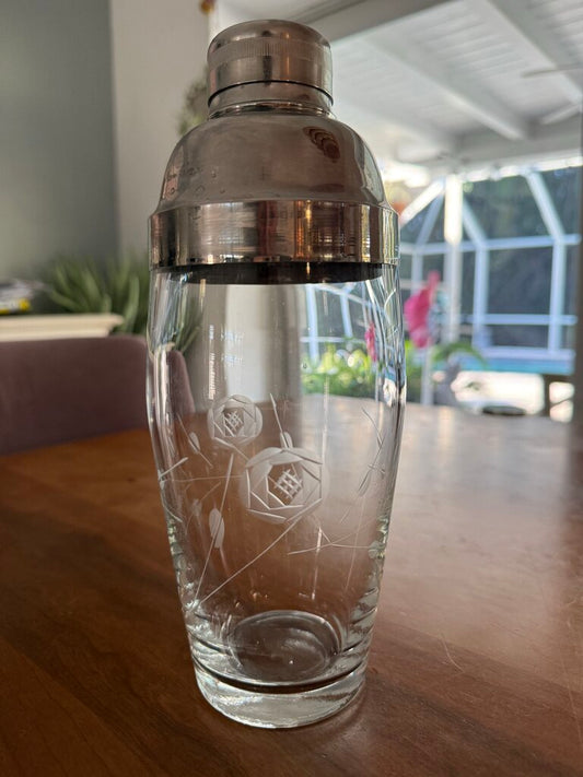 VINTAGE GLASS ETCHED COCKTAIL SHAKER