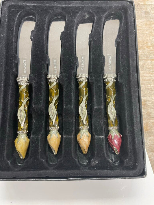 2 SAINTS SWAROVSKI CRYSTAL SPREADING KNIFES SET OF 4