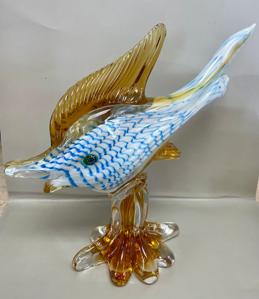 VINTAGE MURANO GLASS TROPICAL FISH BLUE / ORANGE 12"10.5"