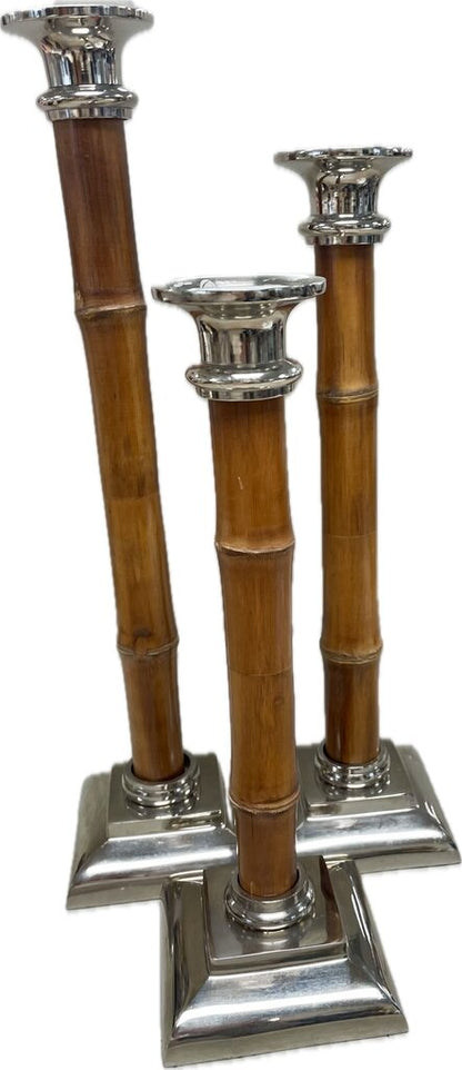 BAMBOO AND NICKLE CANDLE HOLDER SET OF 3 16"14"12"