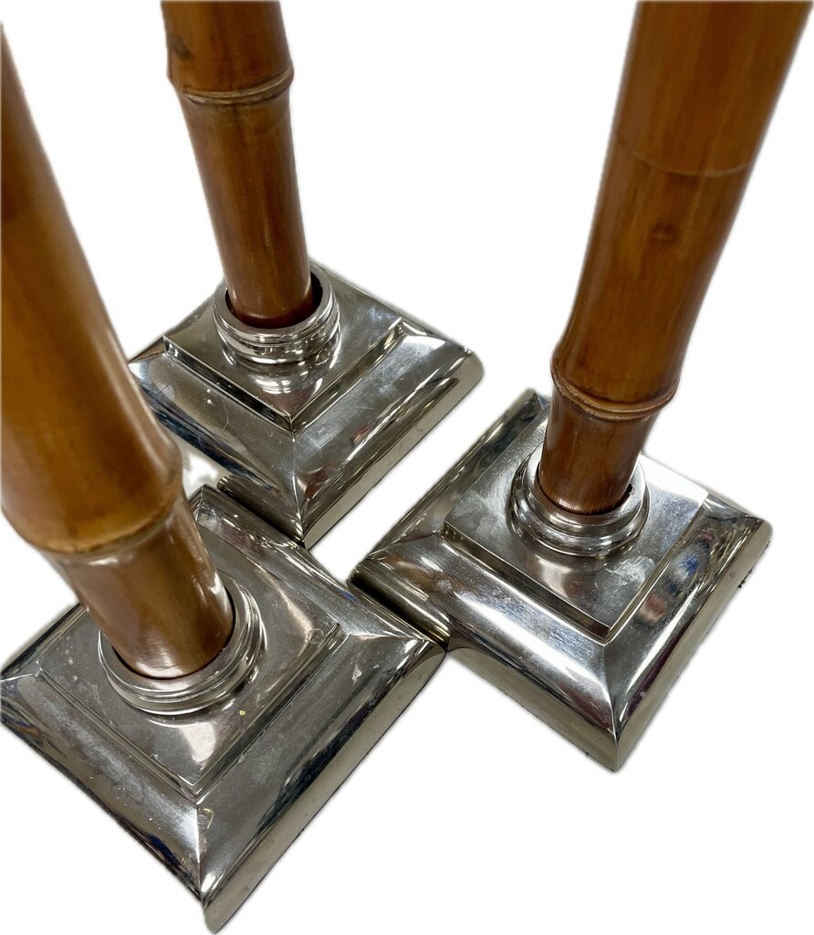 BAMBOO AND NICKLE CANDLE HOLDER SET OF 3 16"14"12"