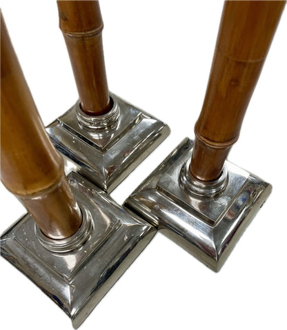 BAMBOO AND NICKLE CANDLE HOLDER SET OF 3 16"14"12"
