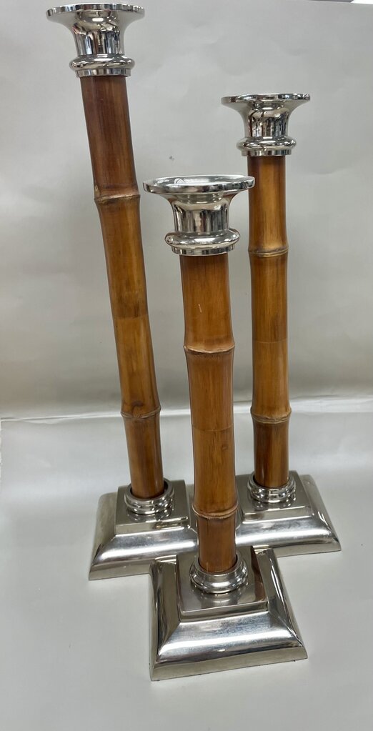 BAMBOO AND NICKLE CANDLE HOLDER SET OF 3 16"14"12"