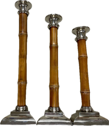 BAMBOO AND NICKLE CANDLE HOLDER SET OF 3 16"14"12"