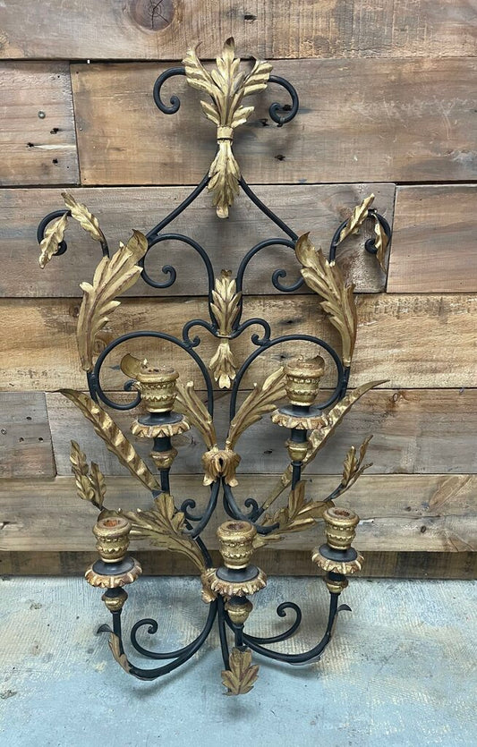 MCM ITALIAN BLACK AND GOLD METAL AND TOLE WALL CANDLE SCONE 34X19
