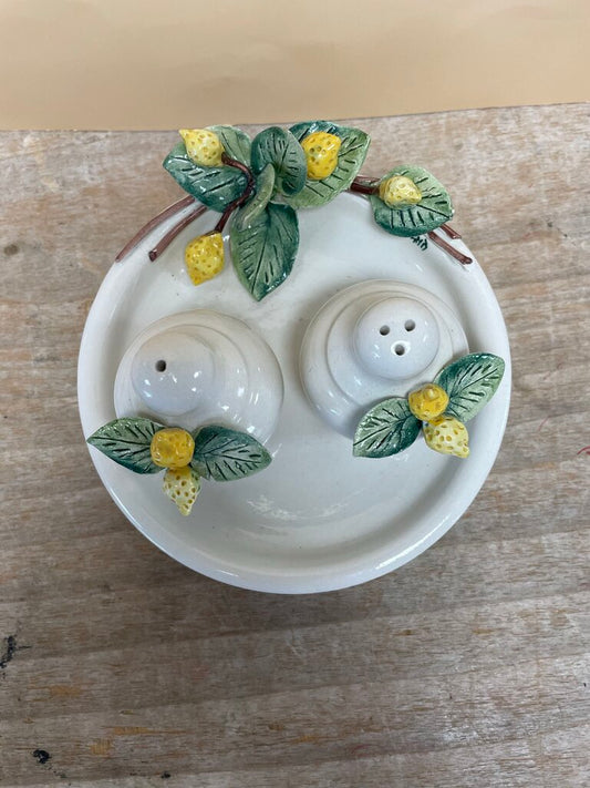 LEMON SALT AND PEPPER SHAKERS AND SPOON REST
