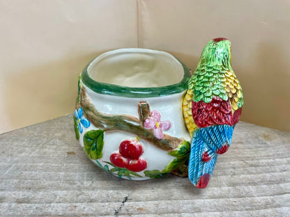 VINTAGE WHIMSICAL OVAL REGENCY PARROT TROPICAL CACHE POT PLANTER