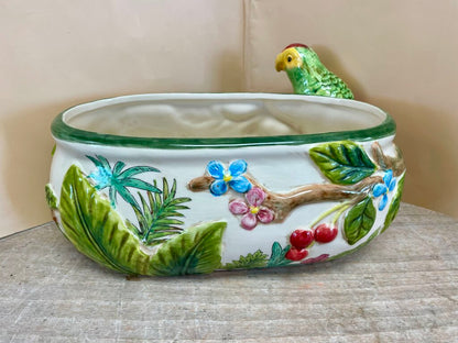 VINTAGE WHIMSICAL OVAL REGENCY PARROT TROPICAL CACHE POT PLANTER