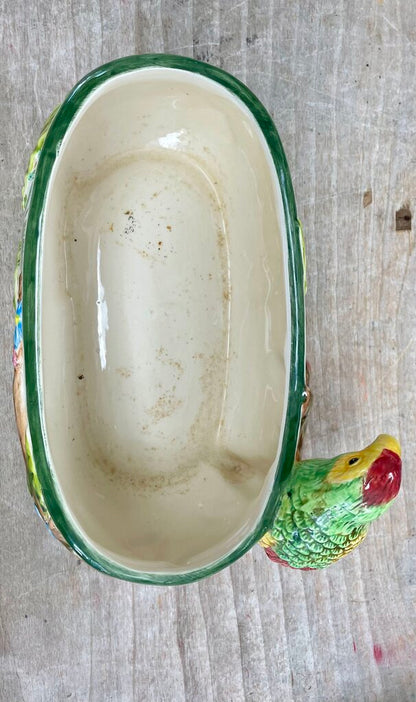 VINTAGE WHIMSICAL OVAL REGENCY PARROT TROPICAL CACHE POT PLANTER