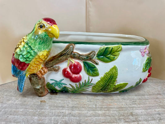 VINTAGE WHIMSICAL OVAL REGENCY PARROT TROPICAL CACHE POT PLANTER