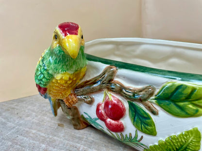 VINTAGE WHIMSICAL OVAL REGENCY PARROT TROPICAL CACHE POT PLANTER