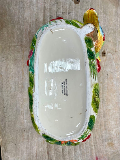 VINTAGE WHIMSICAL OVAL REGENCY PARROT TROPICAL CACHE POT PLANTER