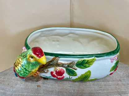 VINTAGE WHIMSICAL OVAL REGENCY PARROT TROPICAL CACHE POT PLANTER