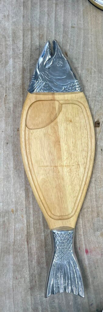 RARE LARGE WOOD METAL FISH CUTTING/SERVING BOARD 25"
