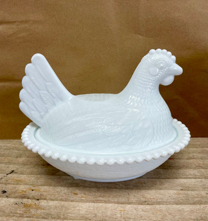 LIDDED MILK GLASS CHICKEN 7"x5.5"x5.5"