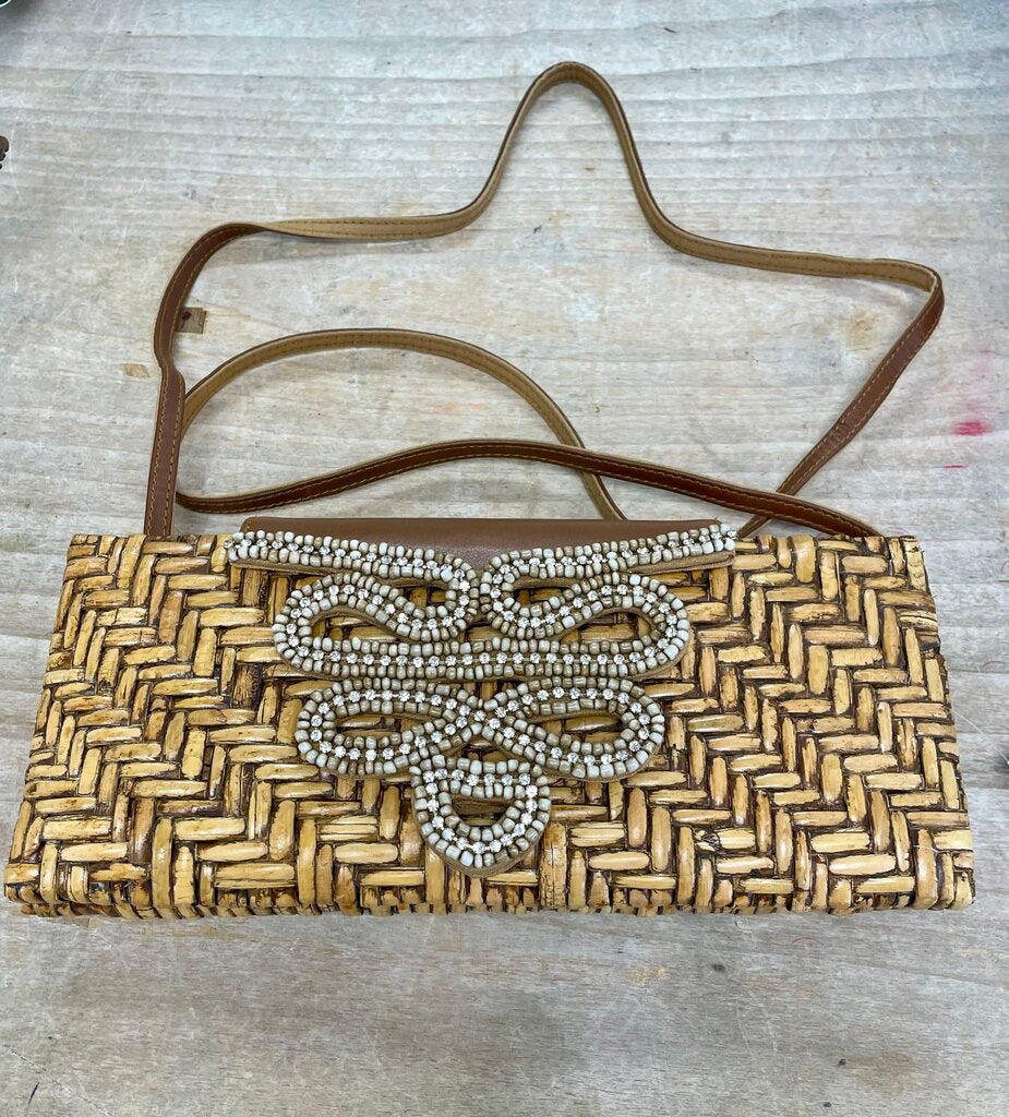 TOMMY BAHAMA RATTAN AND BEADED CLUTCH 12X5