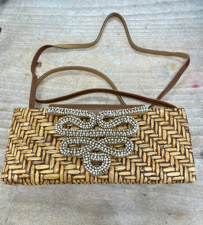 TOMMY BAHAMA RATTAN AND BEADED CLUTCH 12X5