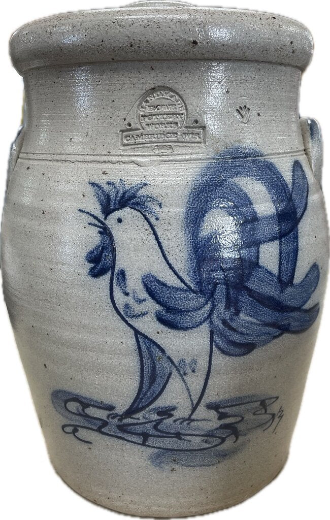VINTAGE HUGE ROWE POTTERY ROOSTER CROCK W/ LID
