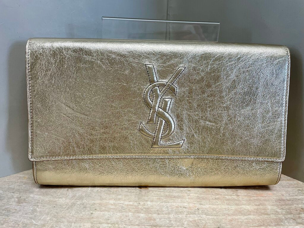 YSL GOLD LEATHER CLUTCH L11"H6.5"