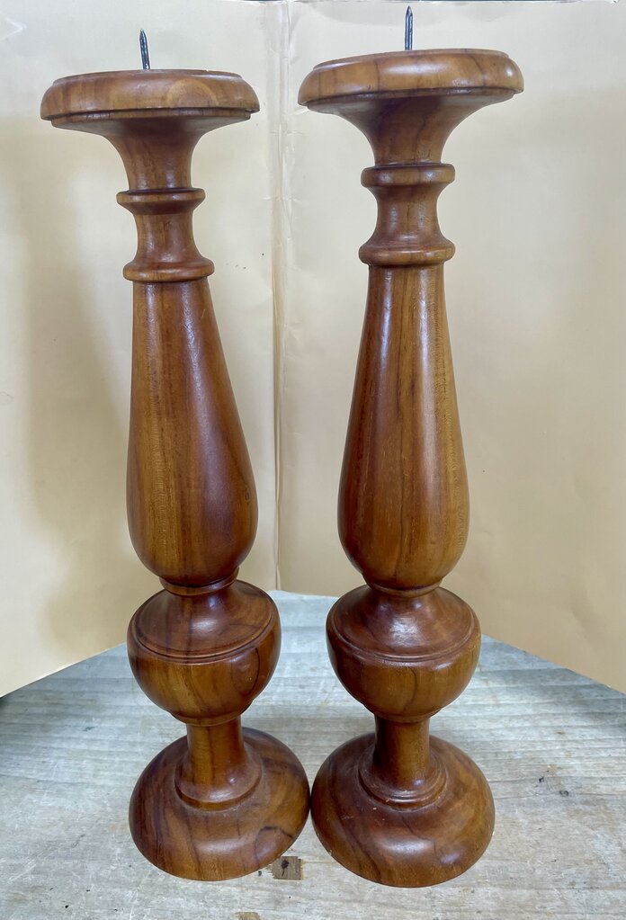 TEAK WOOD CANDLE STICK HOLDERS H16.5"