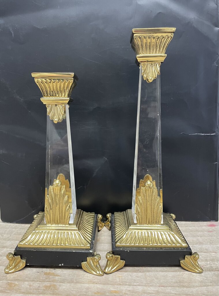 VINTAGE CRYSTAL OBELISK CANDLESTICKS SET OF 2 GOLD/BLACK LARGE:11" SMALL: 9.25"