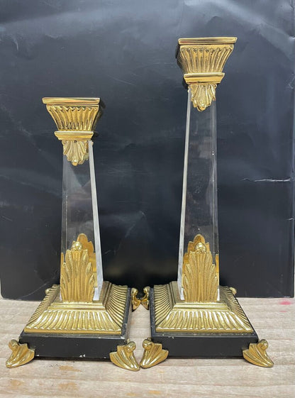 VINTAGE CRYSTAL OBELISK CANDLESTICKS SET OF 2 GOLD/BLACK LARGE:11" SMALL: 9.25"