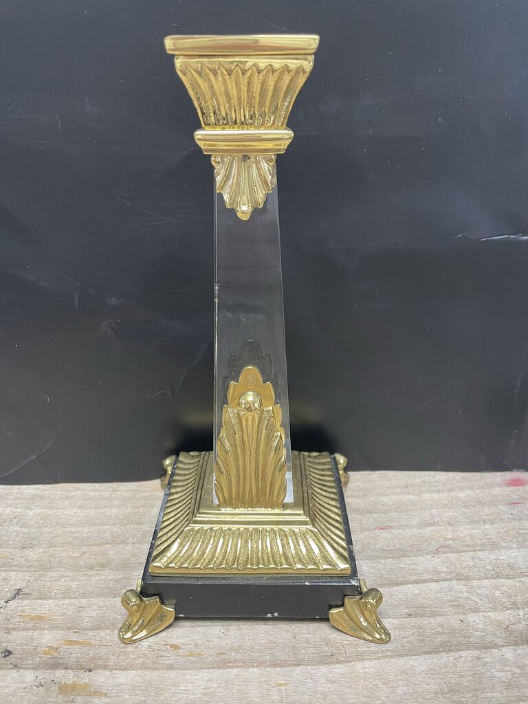 VINTAGE CRYSTAL OBELISK CANDLESTICKS SET OF 2 GOLD/BLACK LARGE:11" SMALL: 9.25"