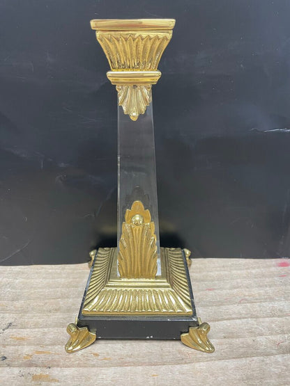 VINTAGE CRYSTAL OBELISK CANDLESTICKS SET OF 2 GOLD/BLACK LARGE:11" SMALL: 9.25"