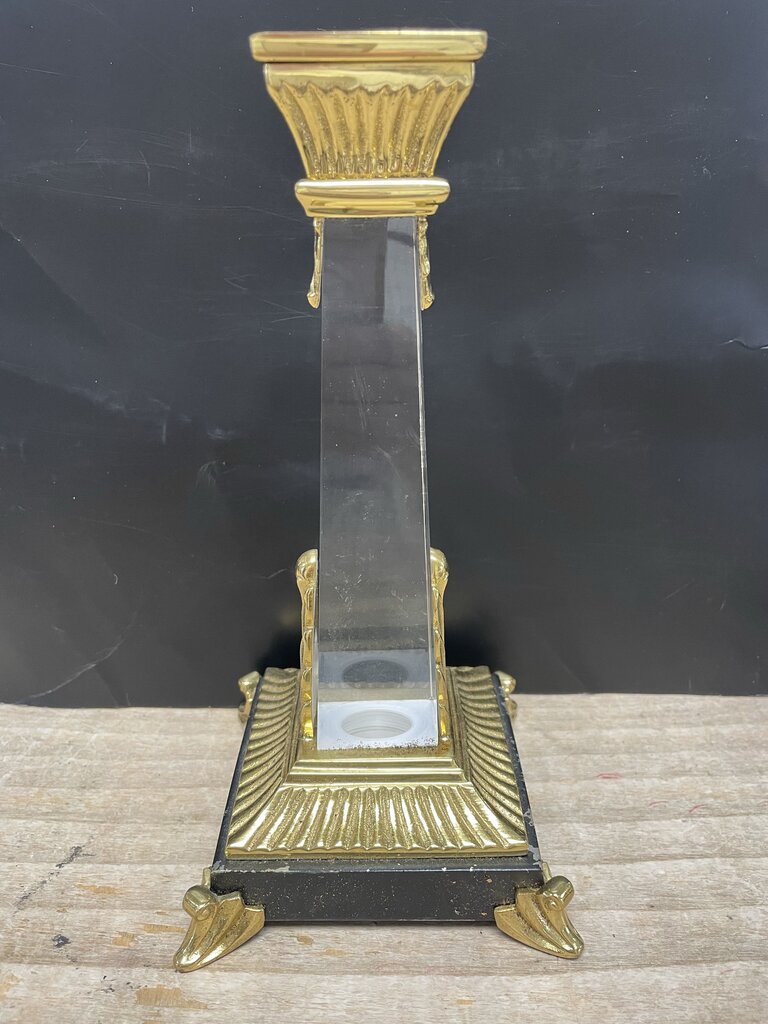 VINTAGE CRYSTAL OBELISK CANDLESTICKS SET OF 2 GOLD/BLACK LARGE:11" SMALL: 9.25"