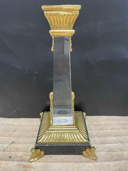 VINTAGE CRYSTAL OBELISK CANDLESTICKS SET OF 2 GOLD/BLACK LARGE:11" SMALL: 9.25"