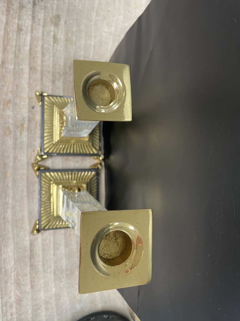 VINTAGE CRYSTAL OBELISK CANDLESTICKS SET OF 2 GOLD/BLACK LARGE:11" SMALL: 9.25"