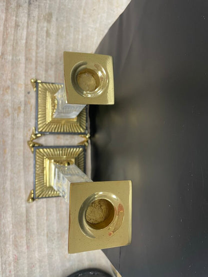 VINTAGE CRYSTAL OBELISK CANDLESTICKS SET OF 2 GOLD/BLACK LARGE:11" SMALL: 9.25"