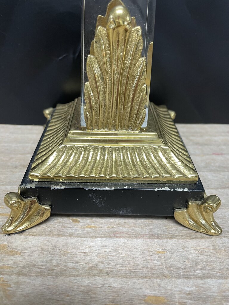 VINTAGE CRYSTAL OBELISK CANDLESTICKS SET OF 2 GOLD/BLACK LARGE:11" SMALL: 9.25"