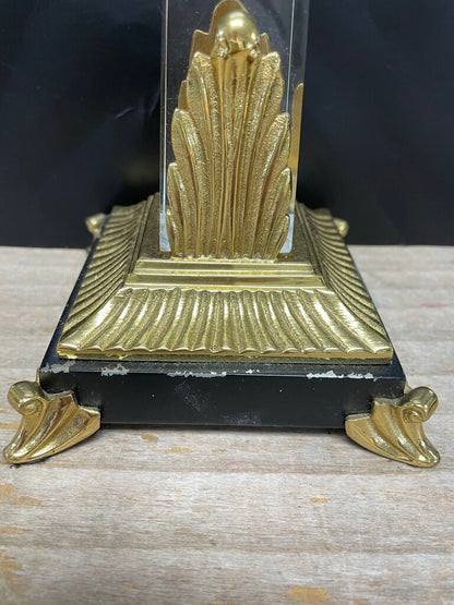 VINTAGE CRYSTAL OBELISK CANDLESTICKS SET OF 2 GOLD/BLACK LARGE:11" SMALL: 9.25"