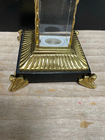 VINTAGE CRYSTAL OBELISK CANDLESTICKS SET OF 2 GOLD/BLACK LARGE:11" SMALL: 9.25"