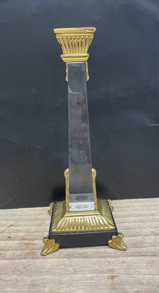 VINTAGE CRYSTAL OBELISK CANDLESTICKS SET OF 2 GOLD/BLACK LARGE:11" SMALL: 9.25"