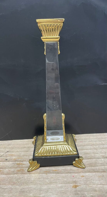 VINTAGE CRYSTAL OBELISK CANDLESTICKS SET OF 2 GOLD/BLACK LARGE:11" SMALL: 9.25"