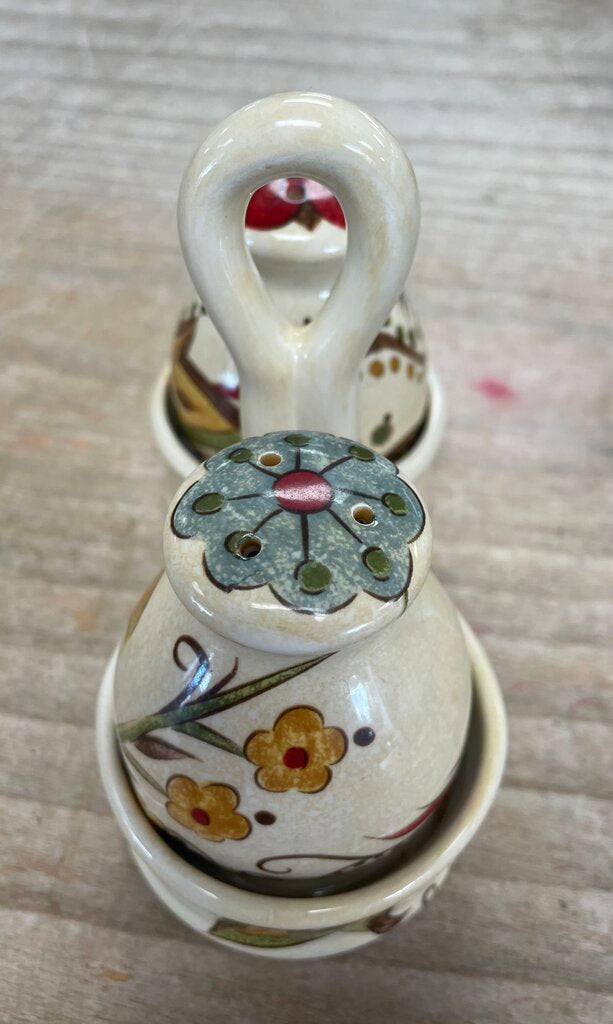 PIER 1 RARE SALT AND PEPPER SHAKER SET W/ HOLDER