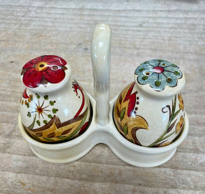 PIER 1 RARE SALT AND PEPPER SHAKER SET W/ HOLDER