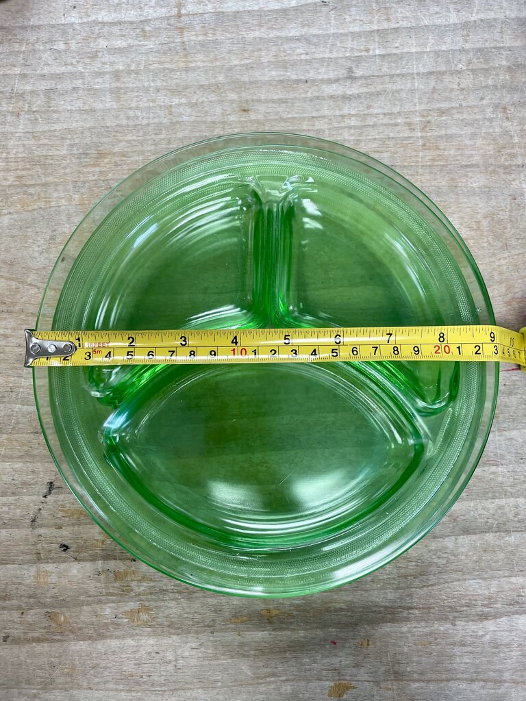 GREEN URANIUM GLASS DIVIDED PLATES SET OF 4
