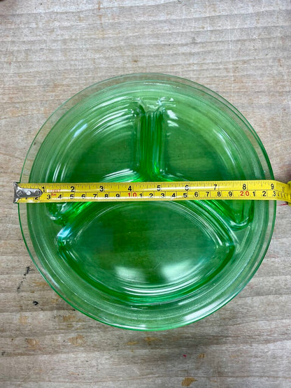 GREEN URANIUM GLASS DIVIDED PLATES SET OF 4