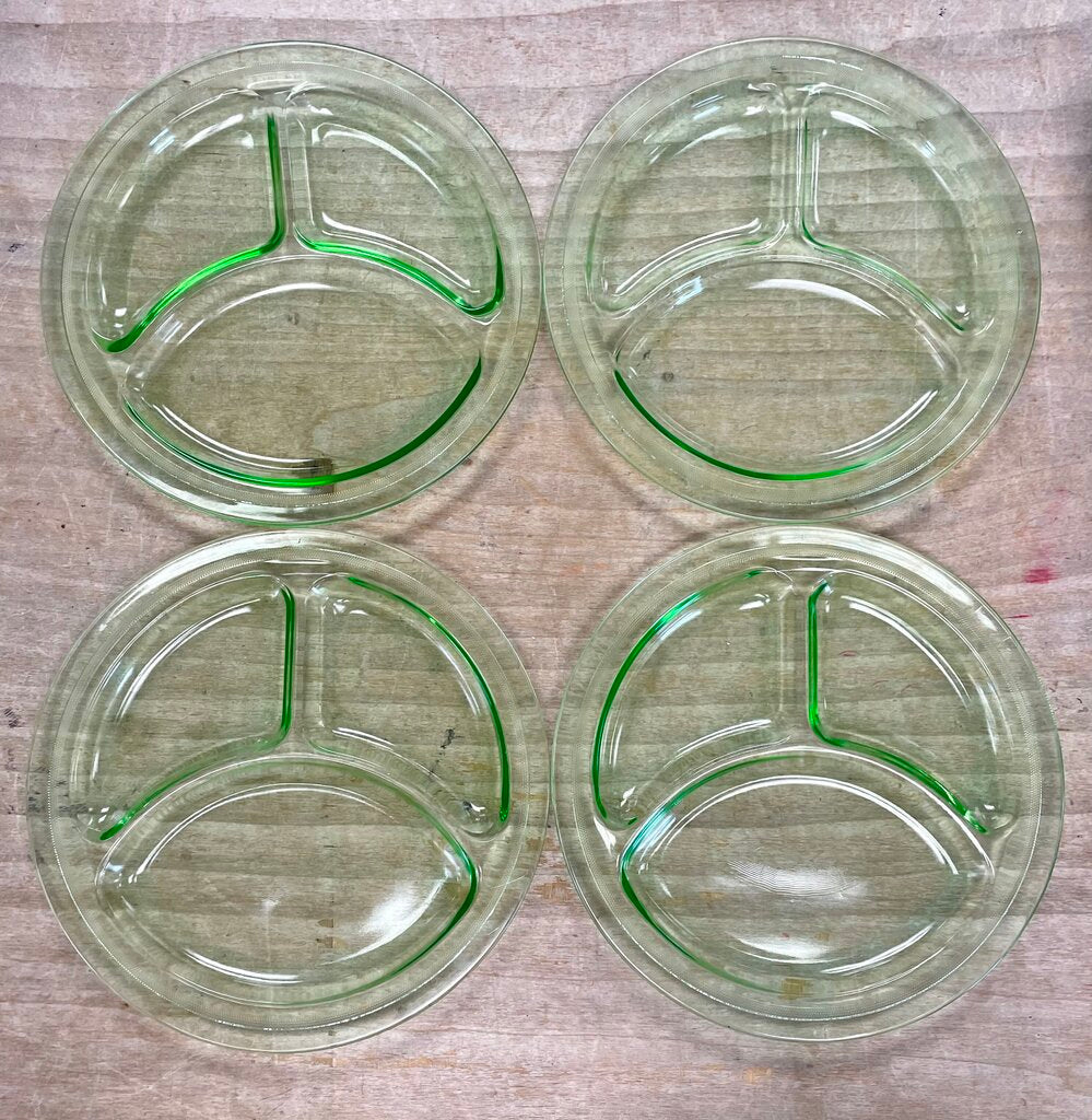 GREEN URANIUM GLASS DIVIDED PLATES SET OF 4