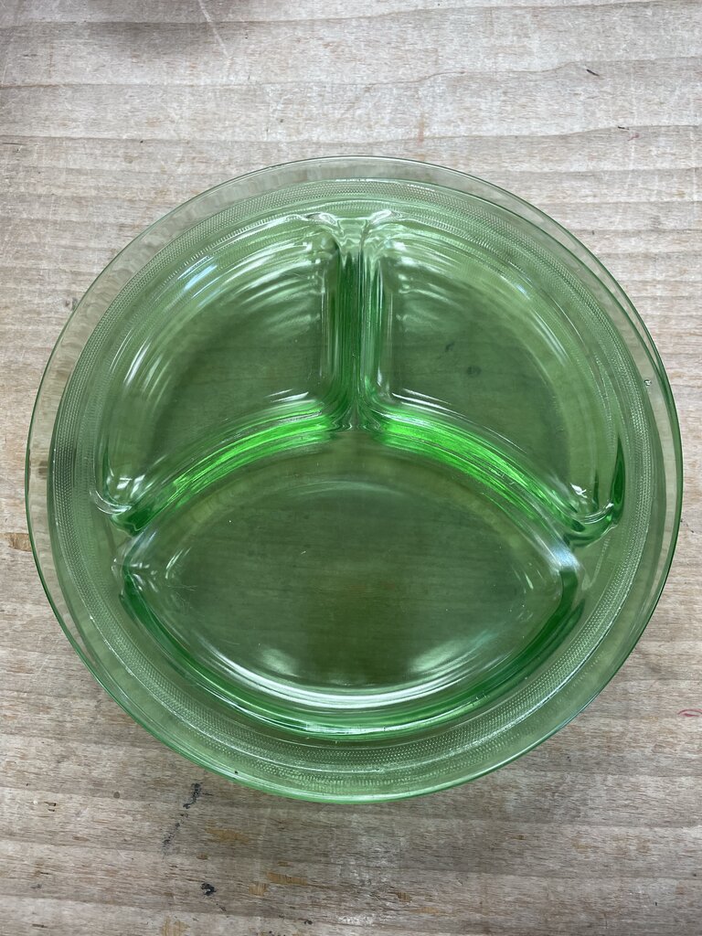 GREEN URANIUM GLASS DIVIDED PLATES SET OF 4