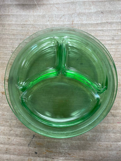 GREEN URANIUM GLASS DIVIDED PLATES SET OF 4